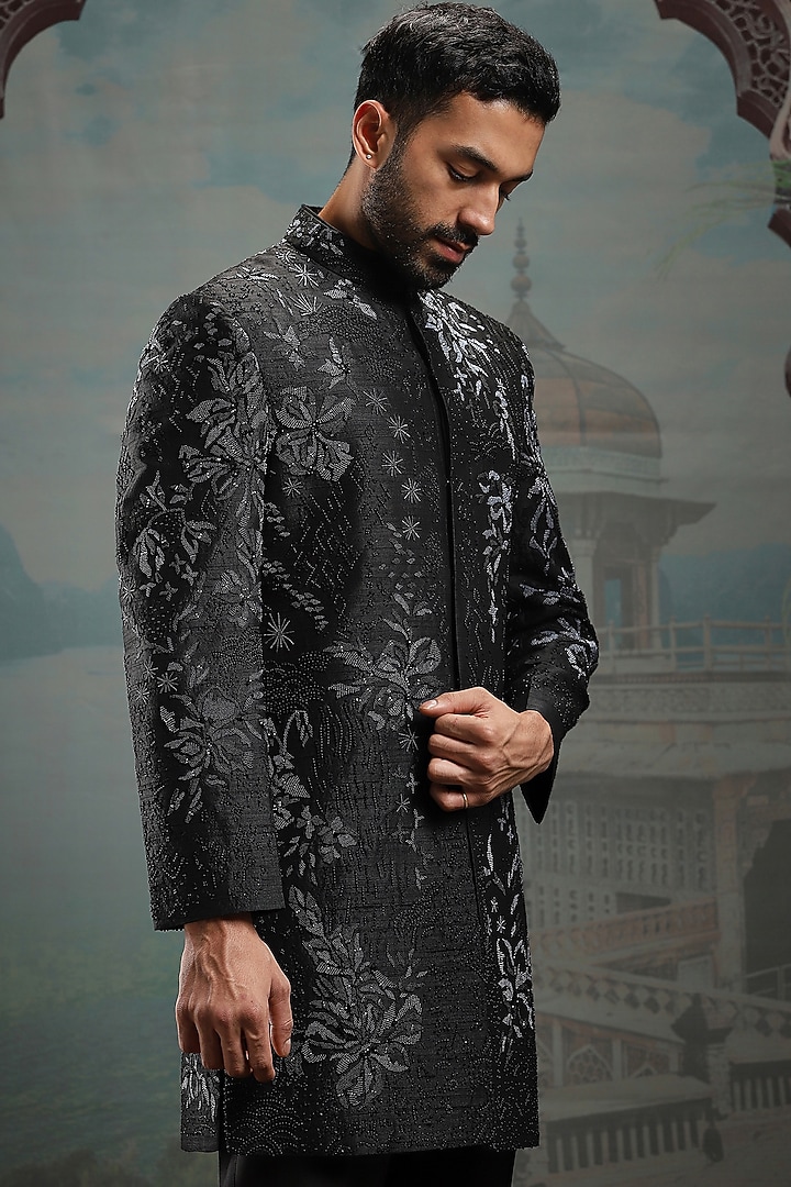 Black Raw Silk Sequin & Pearl Embroidered Groom Indowestern Set by ASUKA at Pernia's Pop Up Shop