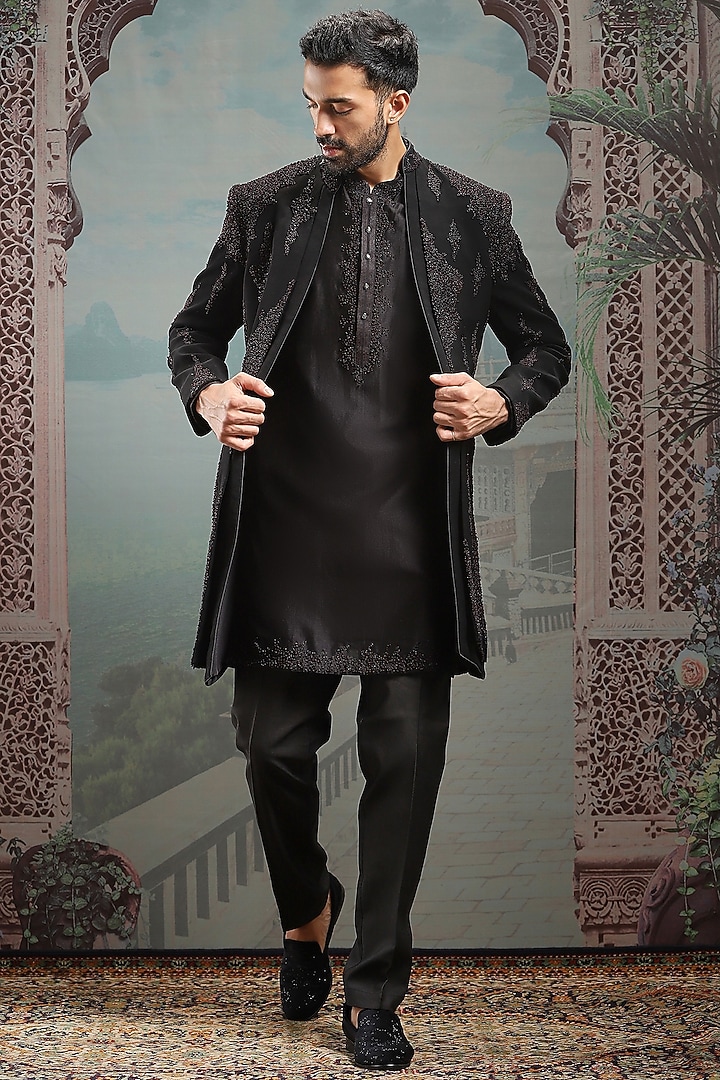Black Raw Silk Sequin & Cutdana Embroidered Wedding Indowestern Set by ASUKA at Pernia's Pop Up Shop