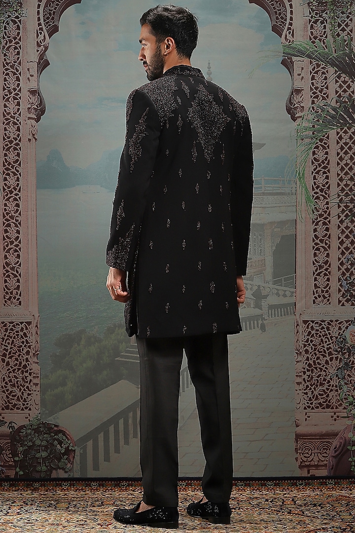 Black Raw Silk Sequin & Cutdana Embroidered Wedding Indowestern Set by ASUKA at Pernia's Pop Up Shop