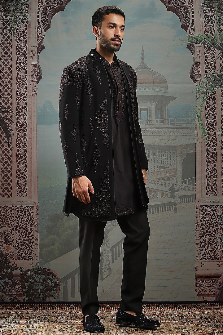 Black Raw Silk Sequin & Cutdana Embroidered Wedding Indowestern Set by ASUKA at Pernia's Pop Up Shop