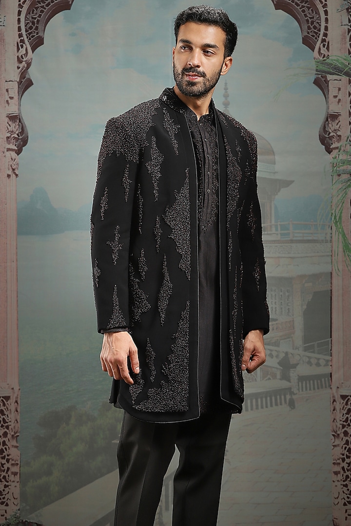 Black Raw Silk Sequin & Cutdana Embroidered Wedding Indowestern Set by ASUKA at Pernia's Pop Up Shop