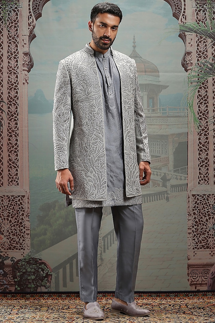 Grey Raw Silk Resham & Dabka Embroidered Indowestern Set by ASUKA