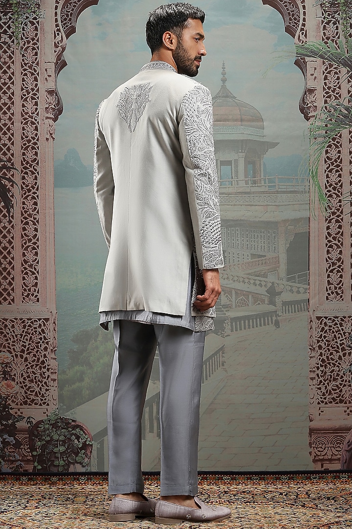 Grey Raw Silk Resham & Dabka Embroidered Groom Indowestern Set by ASUKA at Pernia's Pop Up Shop