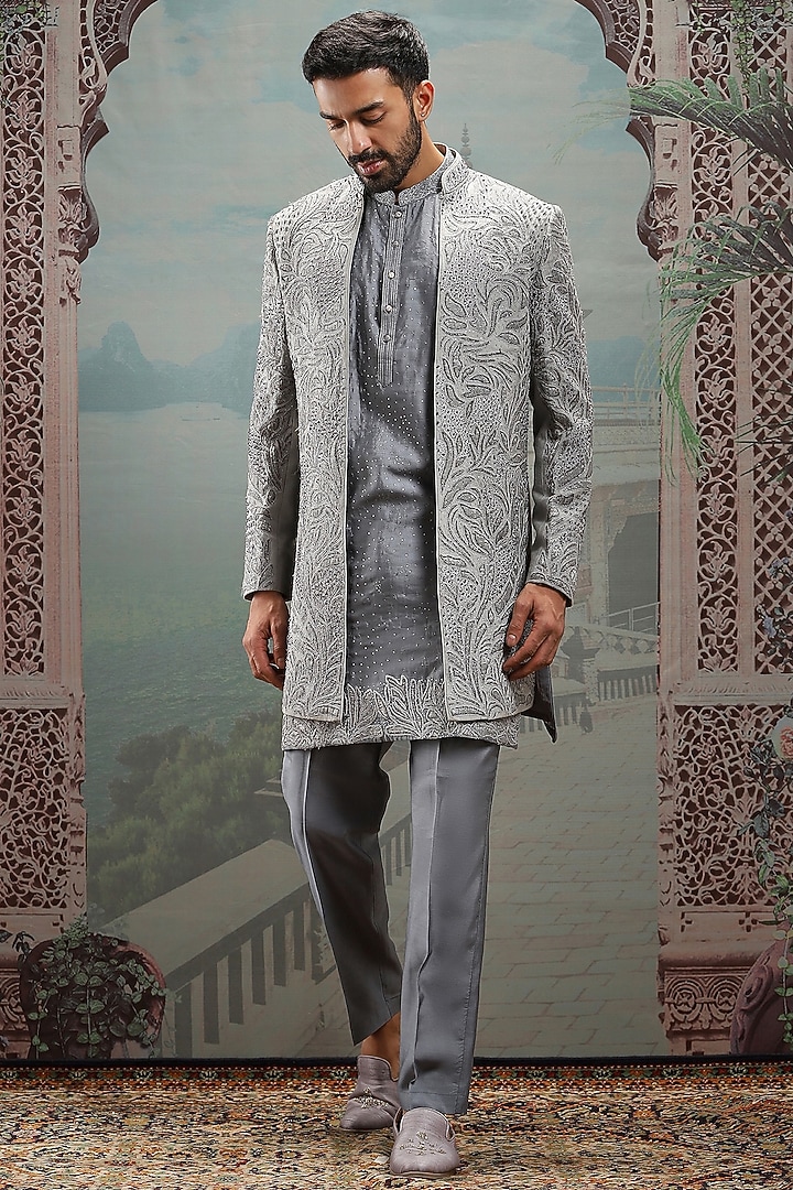 Grey Raw Silk Resham & Dabka Embroidered Groom Indowestern Set by ASUKA at Pernia's Pop Up Shop