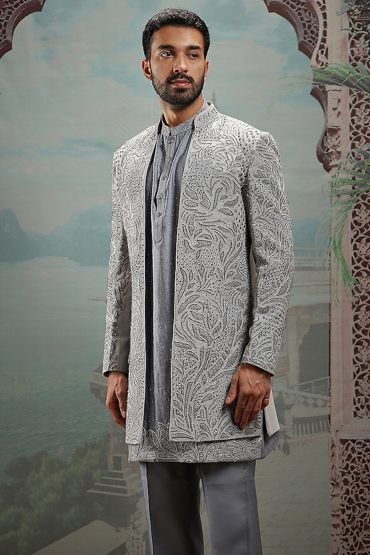 Grey Raw Silk Resham & Dabka Embroidered Groom Indowestern Set by ASUKA at Pernia's Pop Up Shop