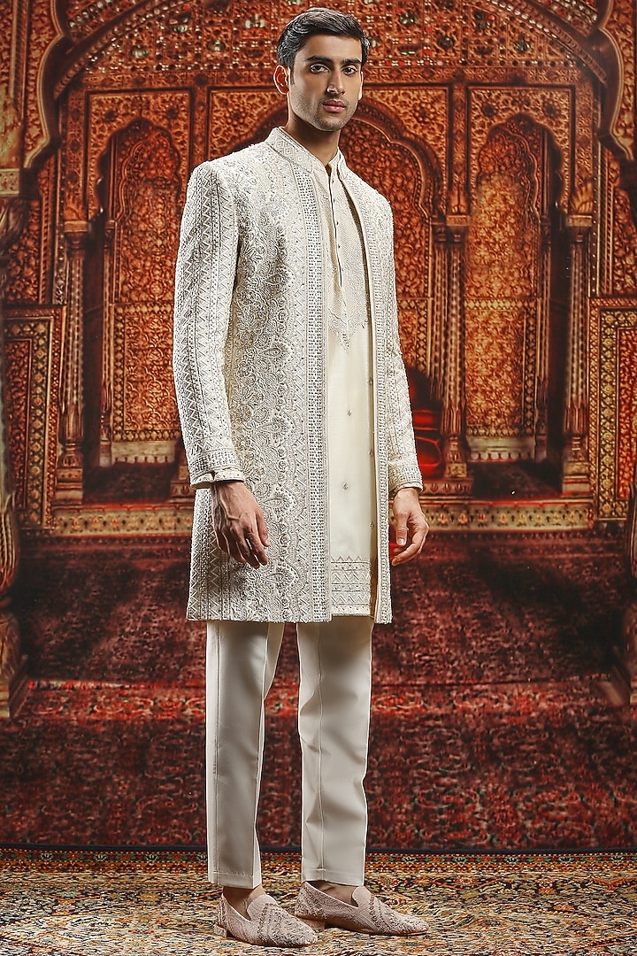 Ivory Silk Cutdana Hand Embroidered Groom Indowestern Set by ASUKA at Pernia's Pop Up Shop