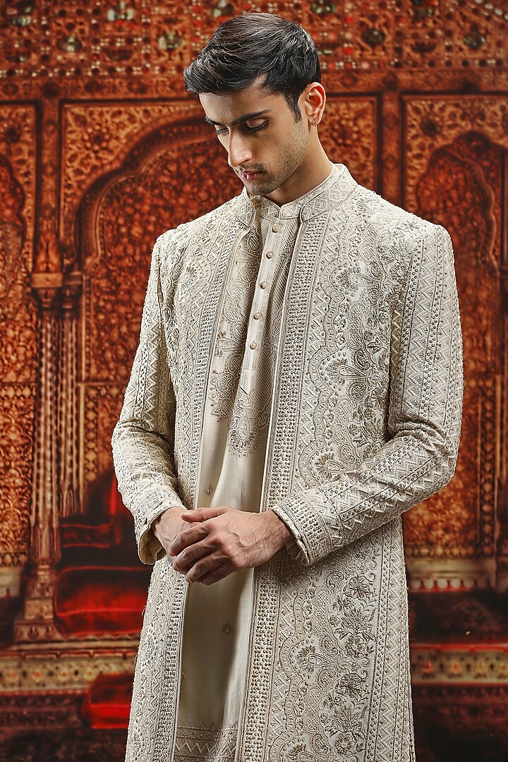 Ivory Silk Cutdana Hand Embroidered Groom Indowestern Set by ASUKA at Pernia's Pop Up Shop