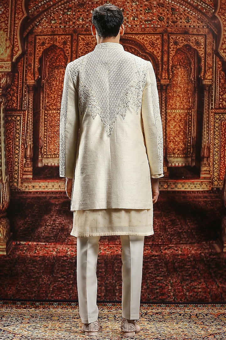 Ivory Raw Silk Resham Hand Embroidered Groom Sherwani Set by ASUKA at Pernia's Pop Up Shop