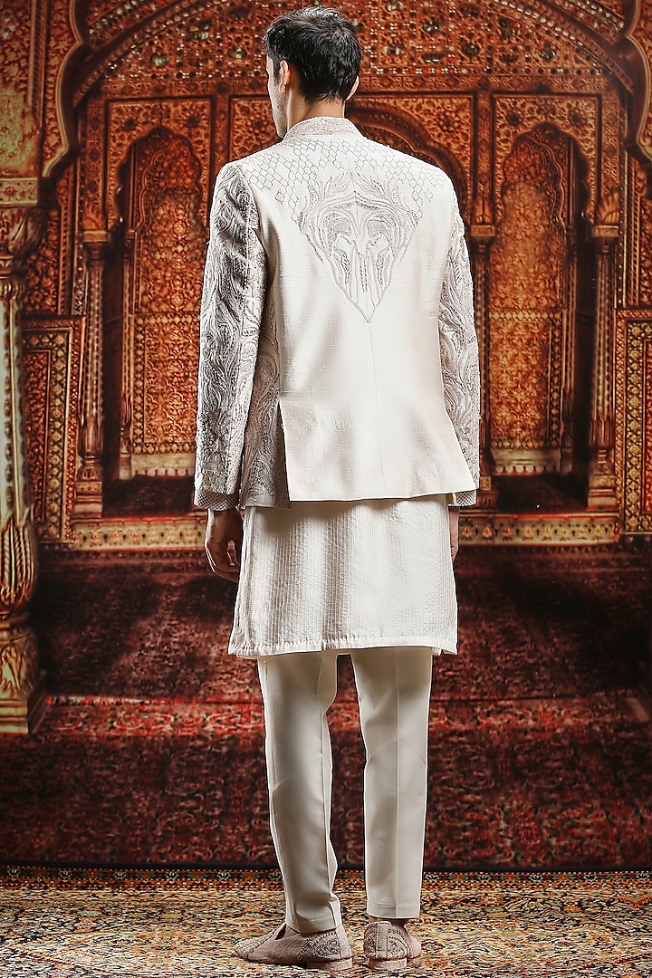 Ivory Raw Silk Sequin Hand Embroidered Wedding Bandhgala Set by ASUKA at Pernia's Pop Up Shop