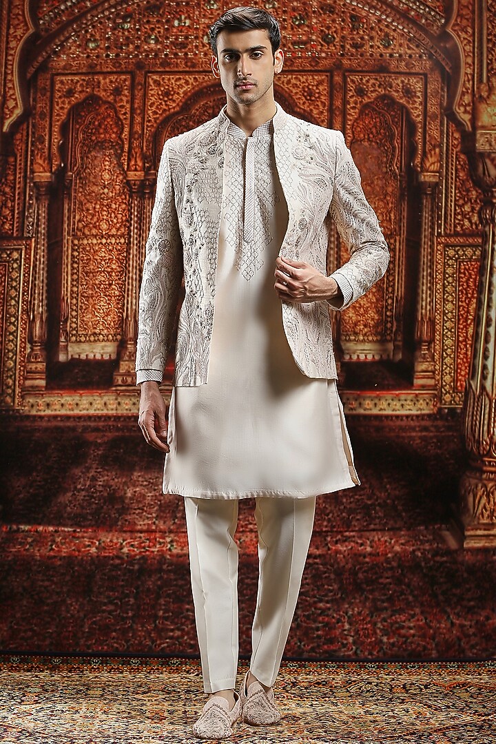 Ivory Raw Silk Sequin Hand Embroidered Wedding Bandhgala Set by ASUKA at Pernia's Pop Up Shop
