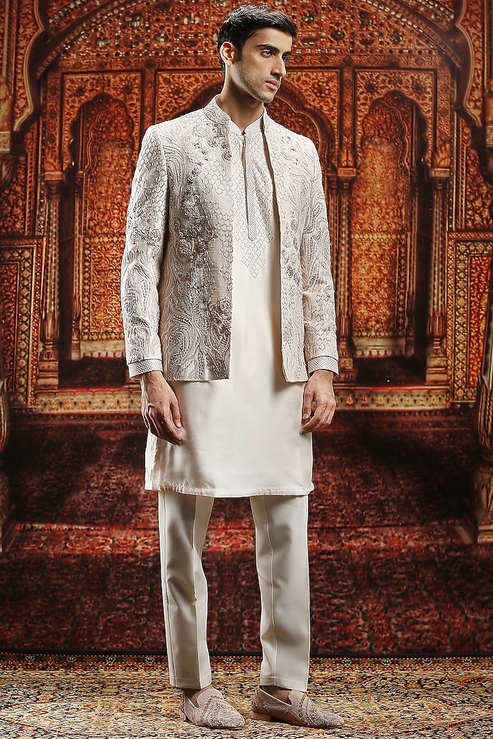 Ivory Raw Silk Sequin Hand Embroidered Wedding Bandhgala Set by ASUKA at Pernia's Pop Up Shop