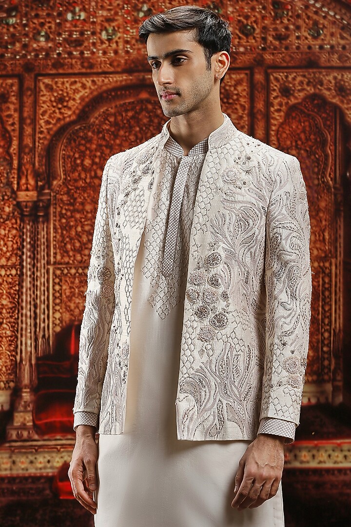 Ivory Raw Silk Sequin Hand Embroidered Wedding Bandhgala Set by ASUKA at Pernia's Pop Up Shop