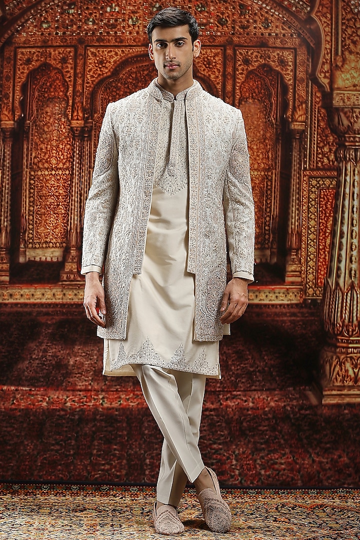 Ivory Jacquard Zari Embroidered Groom Sherwani Set by ASUKA at Pernia's Pop Up Shop