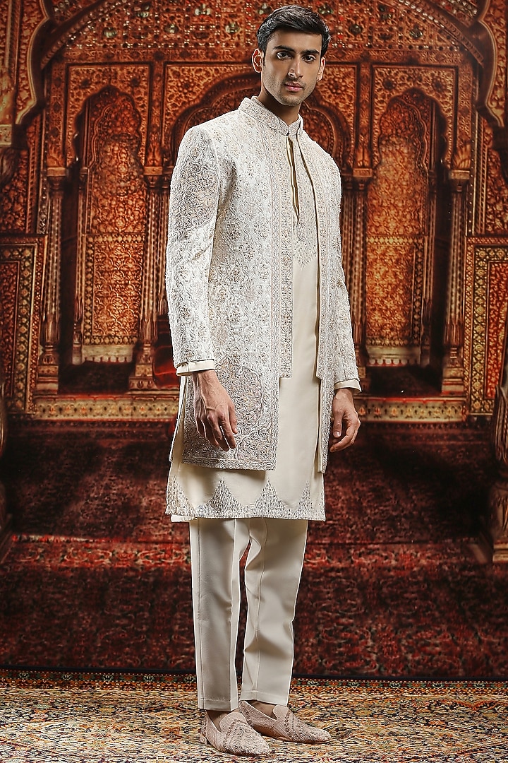 Ivory Jacquard Zari Embroidered Groom Sherwani Set by ASUKA at Pernia's Pop Up Shop