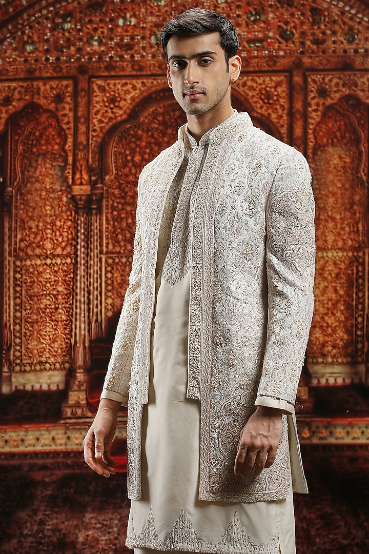 Ivory Jacquard Zari Embroidered Groom Sherwani Set by ASUKA at Pernia's Pop Up Shop