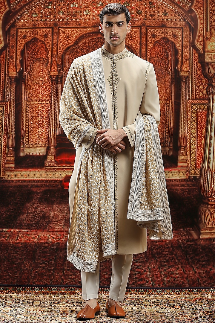 Beige Suiting Sequin Embroidered Sherwani Set by ASUKA