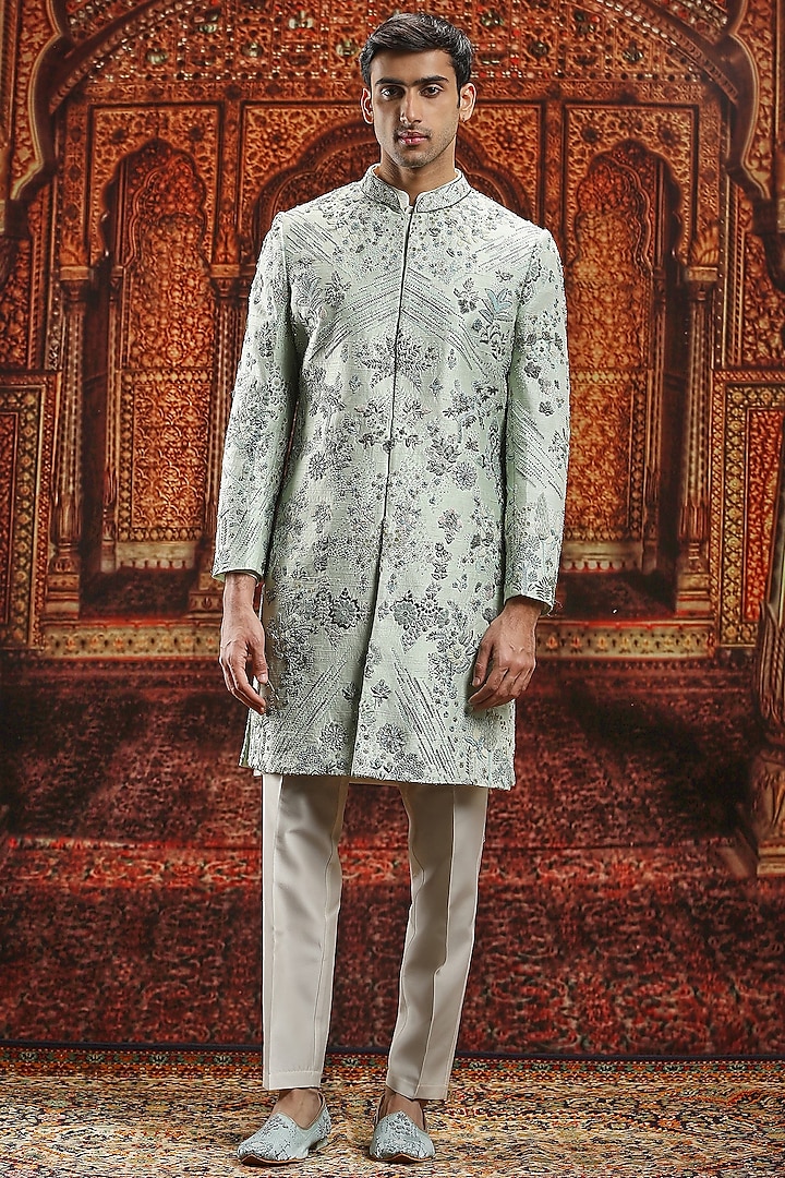 Leaf Green Raw Silk Sequin & Dabka Embroidered Sherwani Set by ASUKA