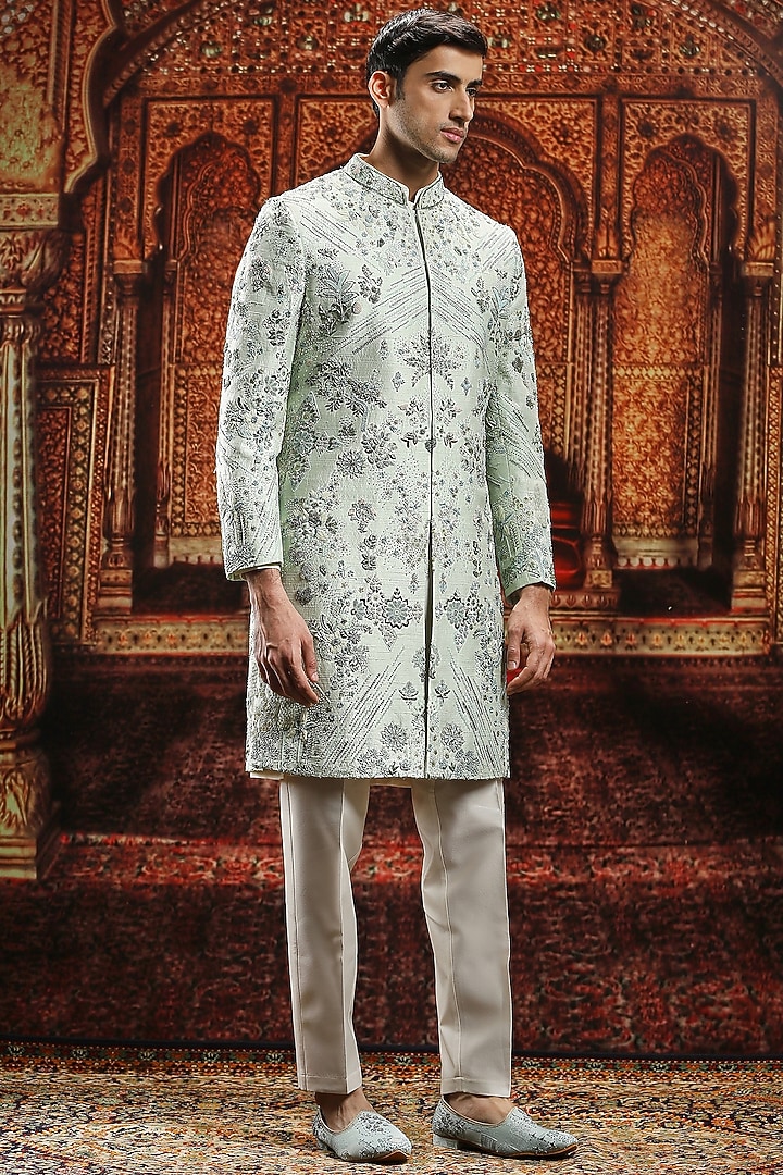Leaf Green Raw Silk Sequin & Dabka Embroidered Groom Sherwani Set by ASUKA at Pernia's Pop Up Shop
