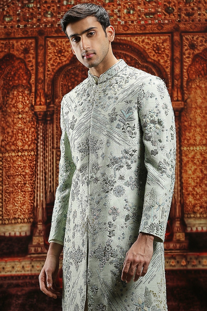 Leaf Green Raw Silk Sequin & Dabka Embroidered Groom Sherwani Set by ASUKA at Pernia's Pop Up Shop