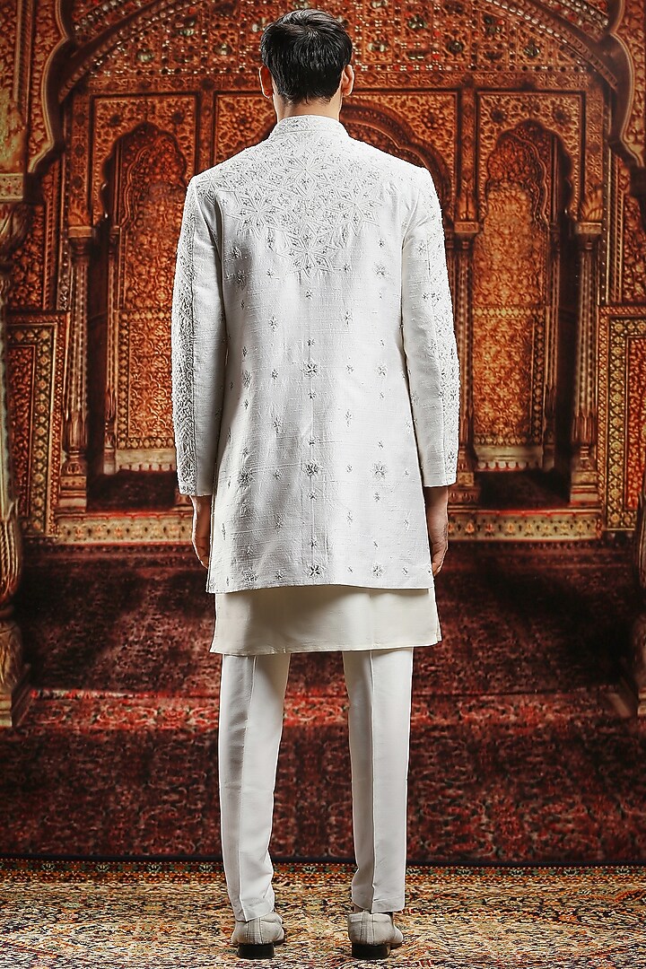 Ivory Raw Silk Dabka Hand Embroidered Groom Sherwani Set by ASUKA at Pernia's Pop Up Shop