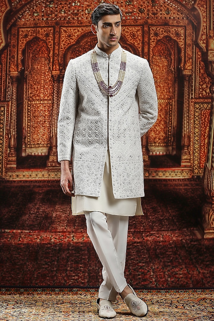 Ivory Raw Silk Dabka Hand Embroidered Groom Sherwani Set by ASUKA at Pernia's Pop Up Shop