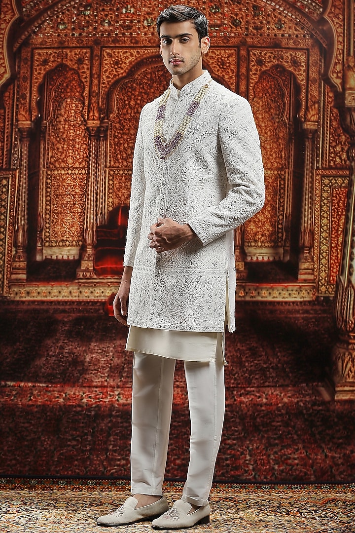Ivory Raw Silk Dabka Hand Embroidered Groom Sherwani Set by ASUKA at Pernia's Pop Up Shop