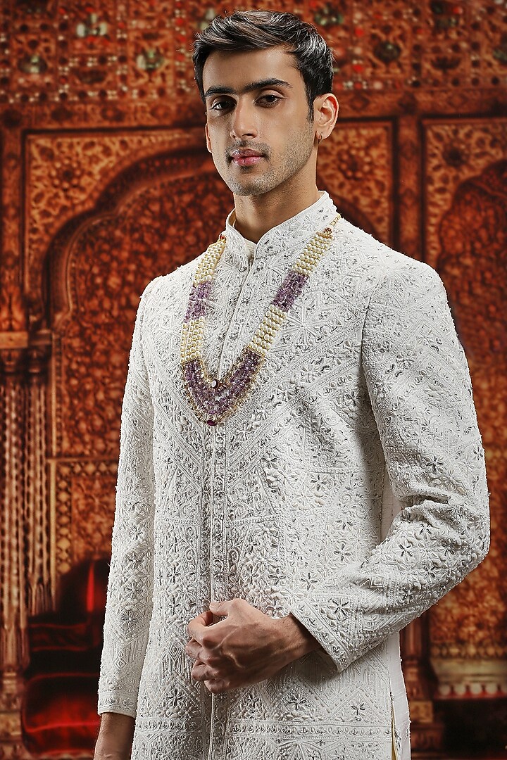 Ivory Raw Silk Dabka Hand Embroidered Groom Sherwani Set by ASUKA at Pernia's Pop Up Shop