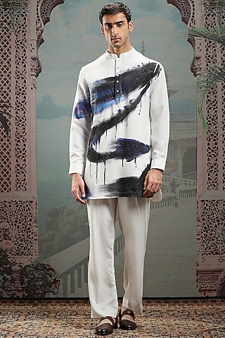 White Silk Hand Painted Kurta Set by ASUKA