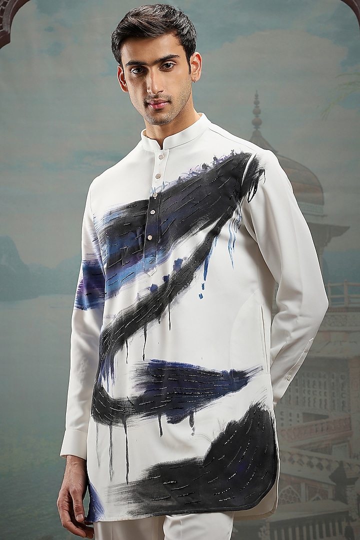 White Silk Hand Painted Kurta Set by ASUKA at Pernia's Pop Up Shop