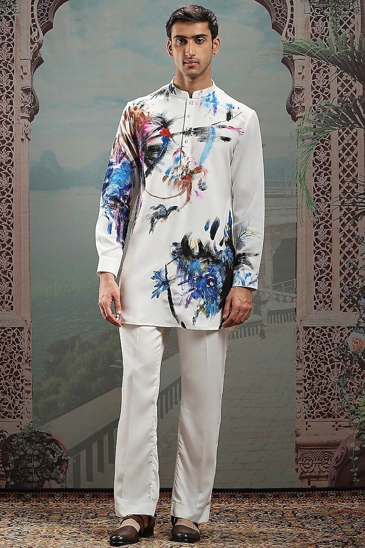 White Silk Hand Painted Kurta Set by ASUKA at Pernia's Pop Up Shop