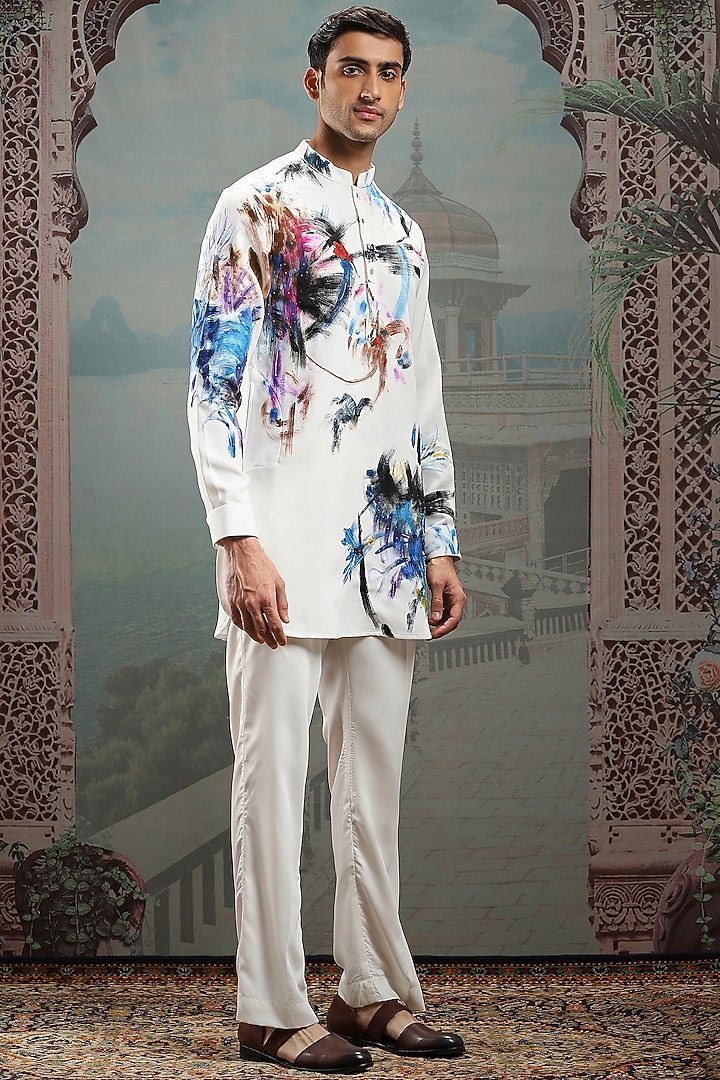 White Silk Hand Painted Kurta Set by ASUKA at Pernia's Pop Up Shop