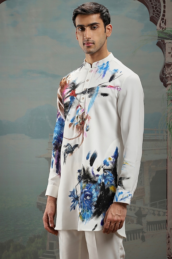 White Silk Hand Painted Kurta Set by ASUKA at Pernia's Pop Up Shop