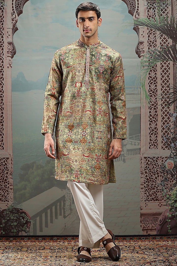 Multi-Colored Silk Printed & Embroidered Kurta Set by ASUKA