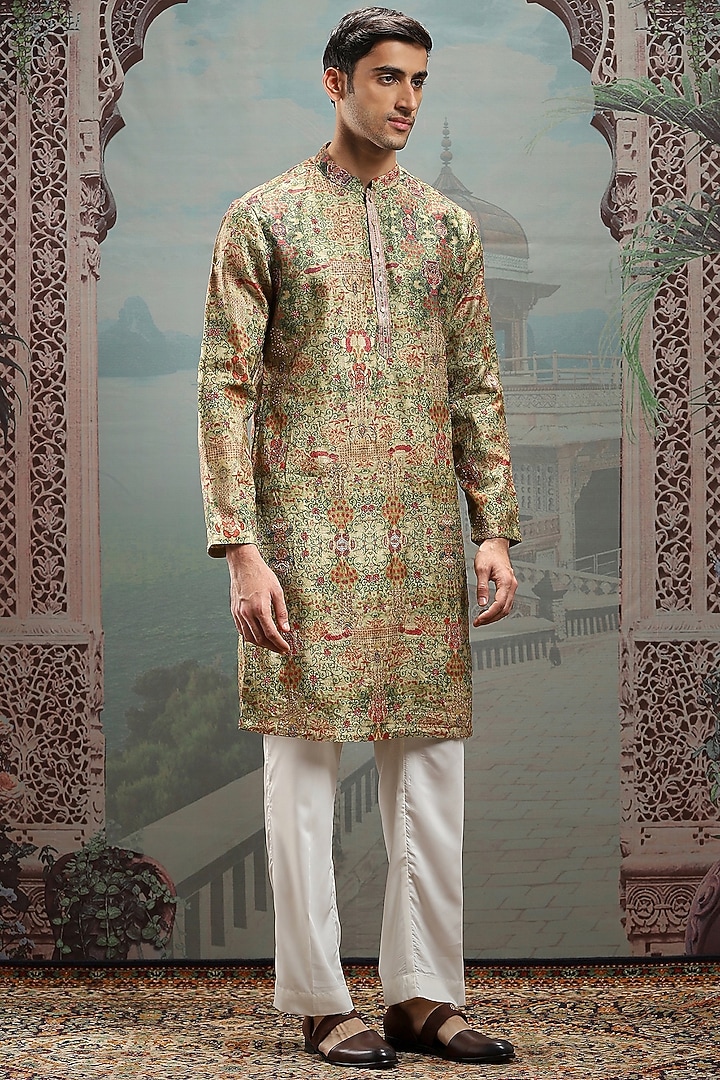 Multi-Colored Silk Printed & Embroidered Kurta Set by ASUKA at Pernia's Pop Up Shop