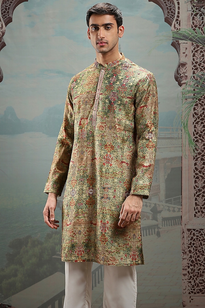 Multi-Colored Silk Printed & Embroidered Kurta Set by ASUKA at Pernia's Pop Up Shop