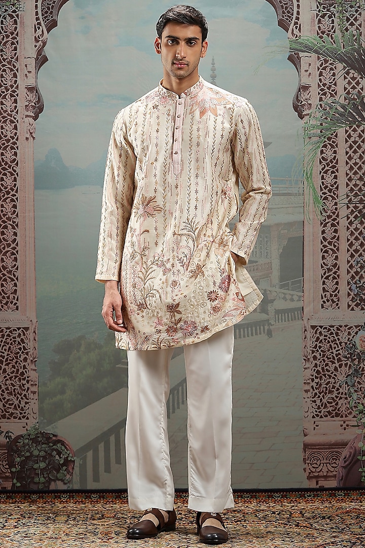 Ivory Jacquard Resham Embroidered Kurta Set by ASUKA