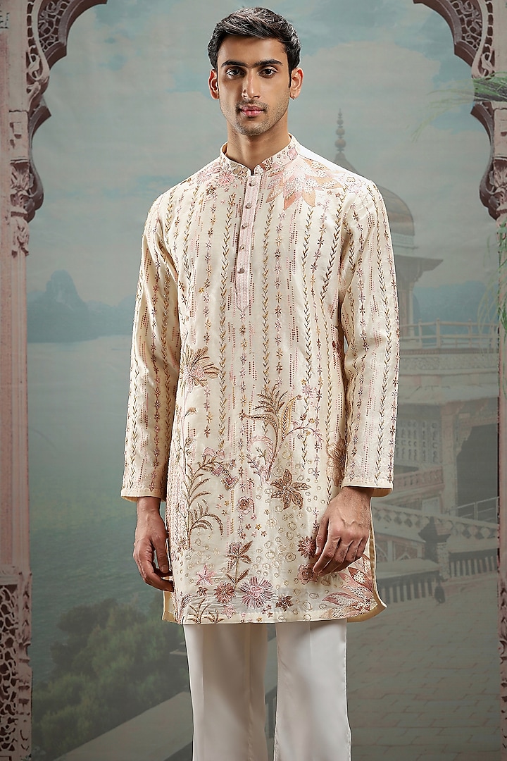Ivory Jacquard Resham Embroidered Kurta Set by ASUKA at Pernia's Pop Up Shop