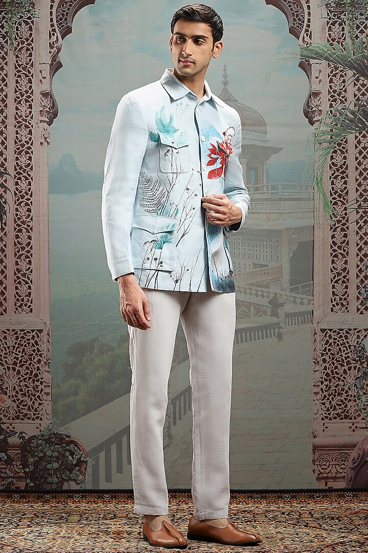 Light Blue Cotton Hand Painted Shacket by ASUKA at Pernia's Pop Up Shop