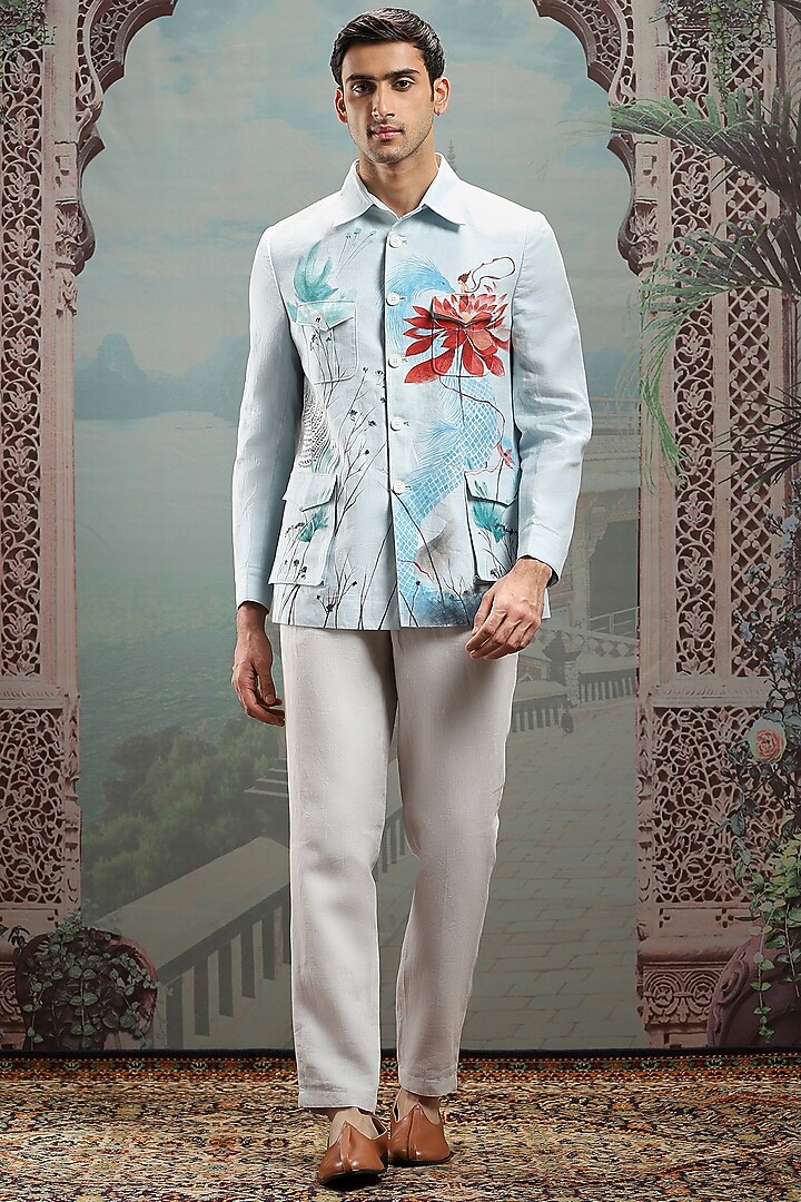 Light Blue Cotton Hand Painted Shacket by ASUKA at Pernia's Pop Up Shop