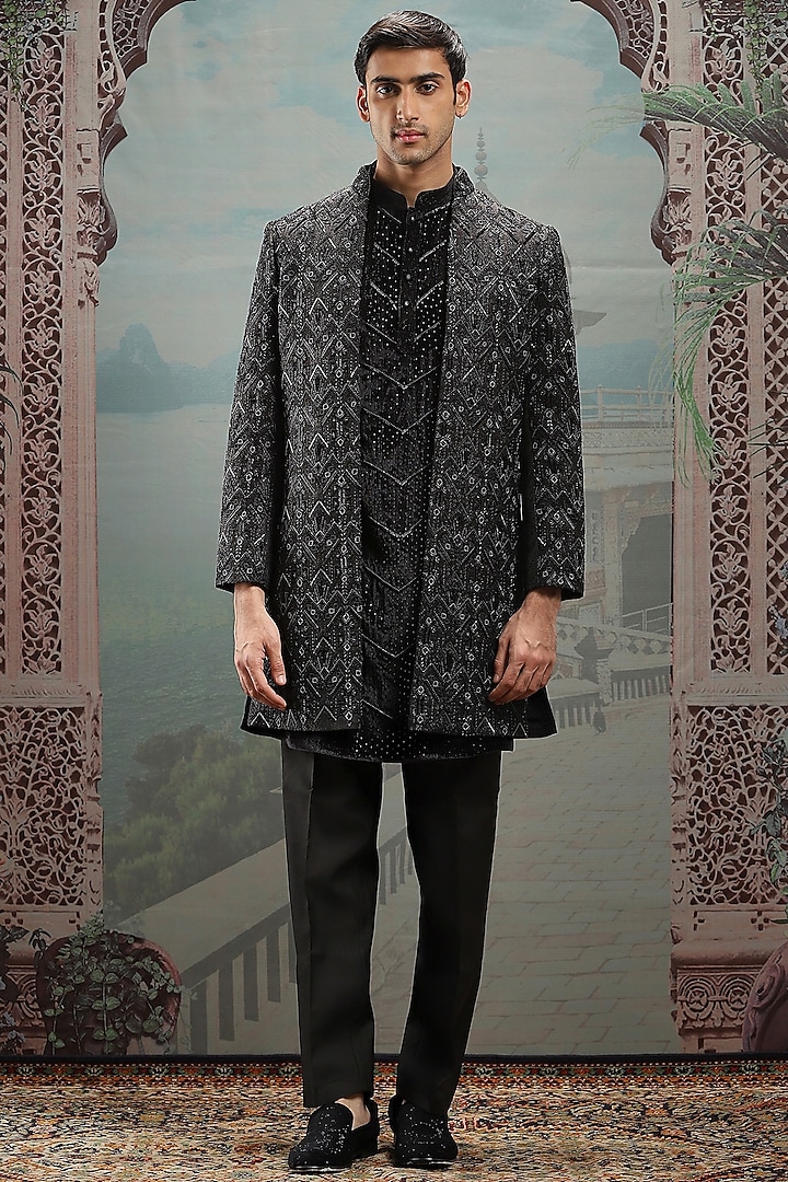 Black Velvet Zari Hand Embroidered Indowestern Set by ASUKA