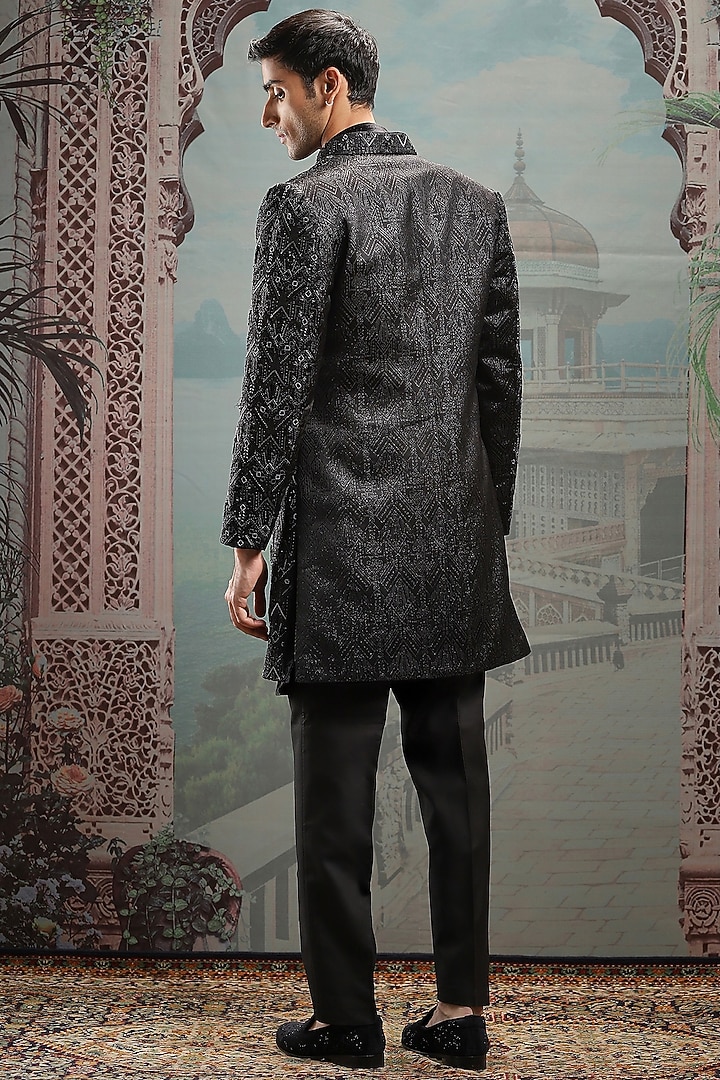 Black Velvet Zari Hand Embroidered Wedding Indowestern Set by ASUKA at Pernia's Pop Up Shop