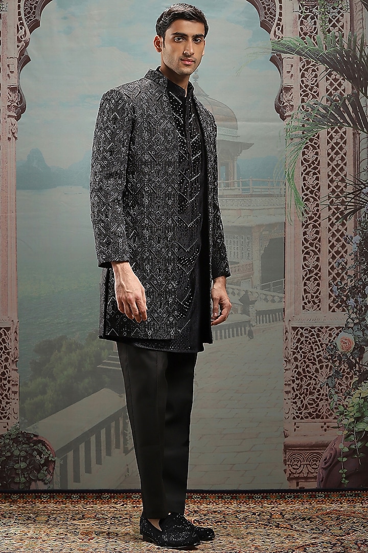 Black Velvet Zari Hand Embroidered Wedding Indowestern Set by ASUKA at Pernia's Pop Up Shop