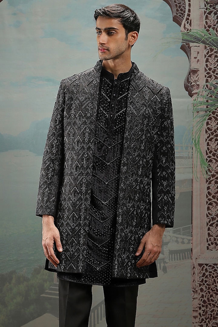 Black Velvet Zari Hand Embroidered Wedding Indowestern Set by ASUKA at Pernia's Pop Up Shop