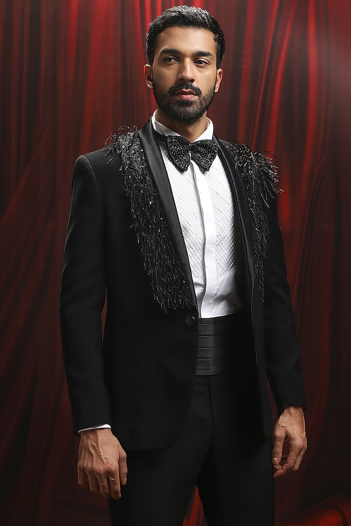 Black Velvet Sequin Embellished Tuxedo Set by ASUKA at Pernia's Pop Up Shop