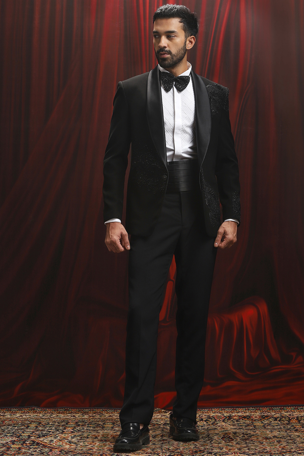 Black Velvet Hand Embroidered Tuxedo Set by ASUKA