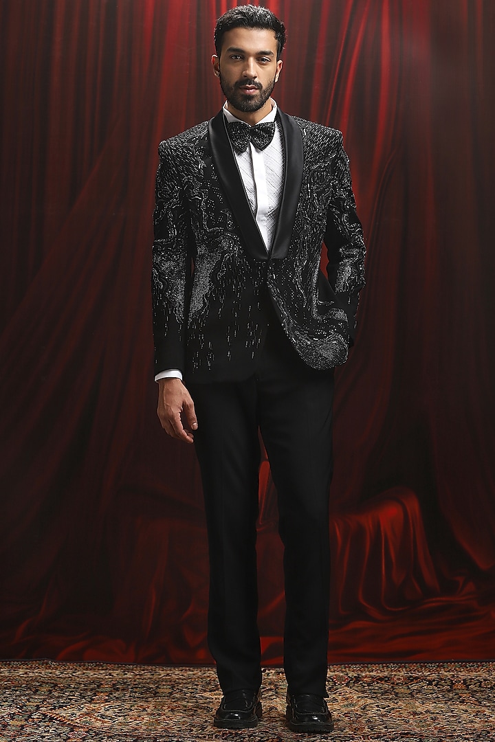 Black Velvet Cutdana Embroidered Tuxedo Set by ASUKA