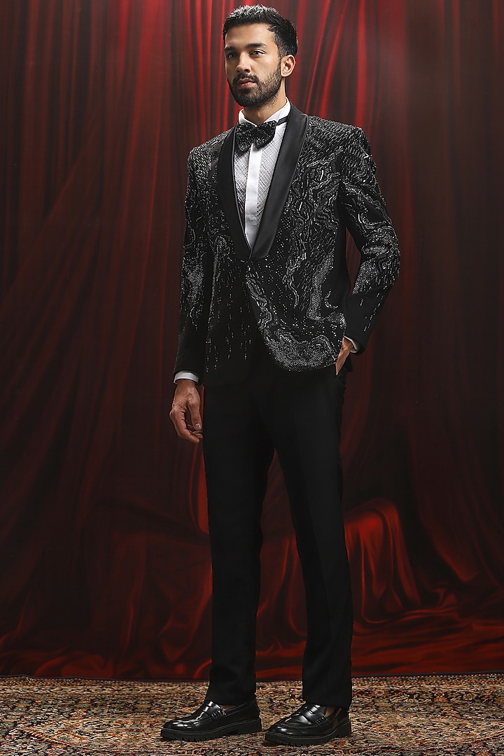 Black Velvet Cutdana Embroidered Tuxedo Set by ASUKA at Pernia's Pop Up Shop
