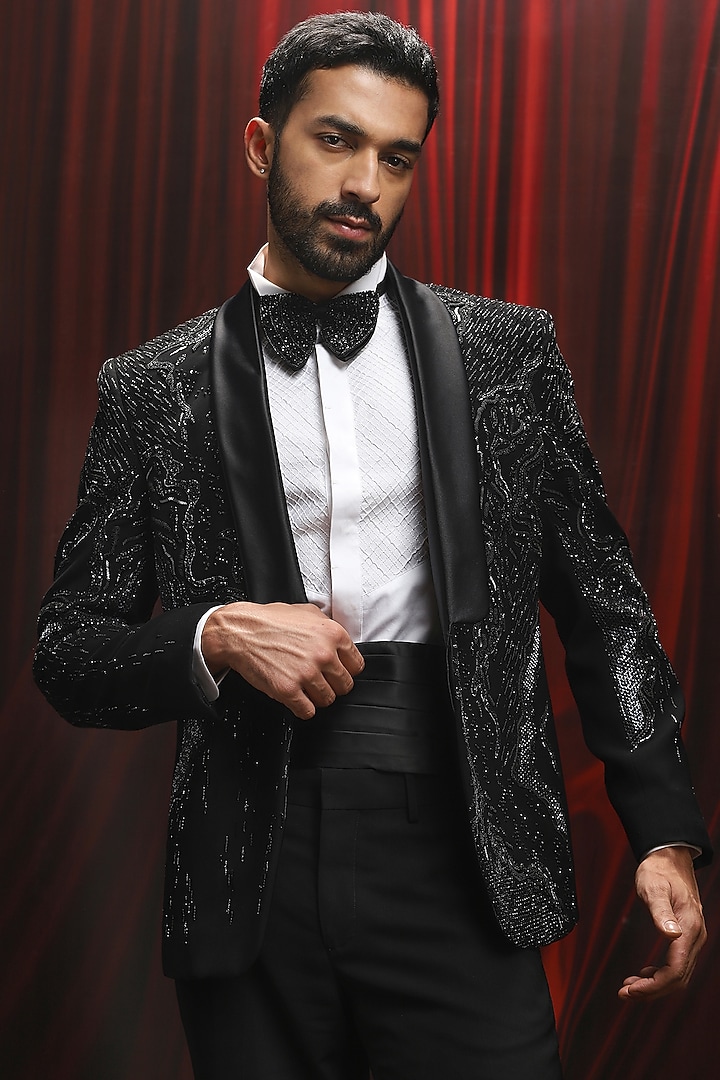 Black Velvet Cutdana Embroidered Tuxedo Set by ASUKA at Pernia's Pop Up Shop