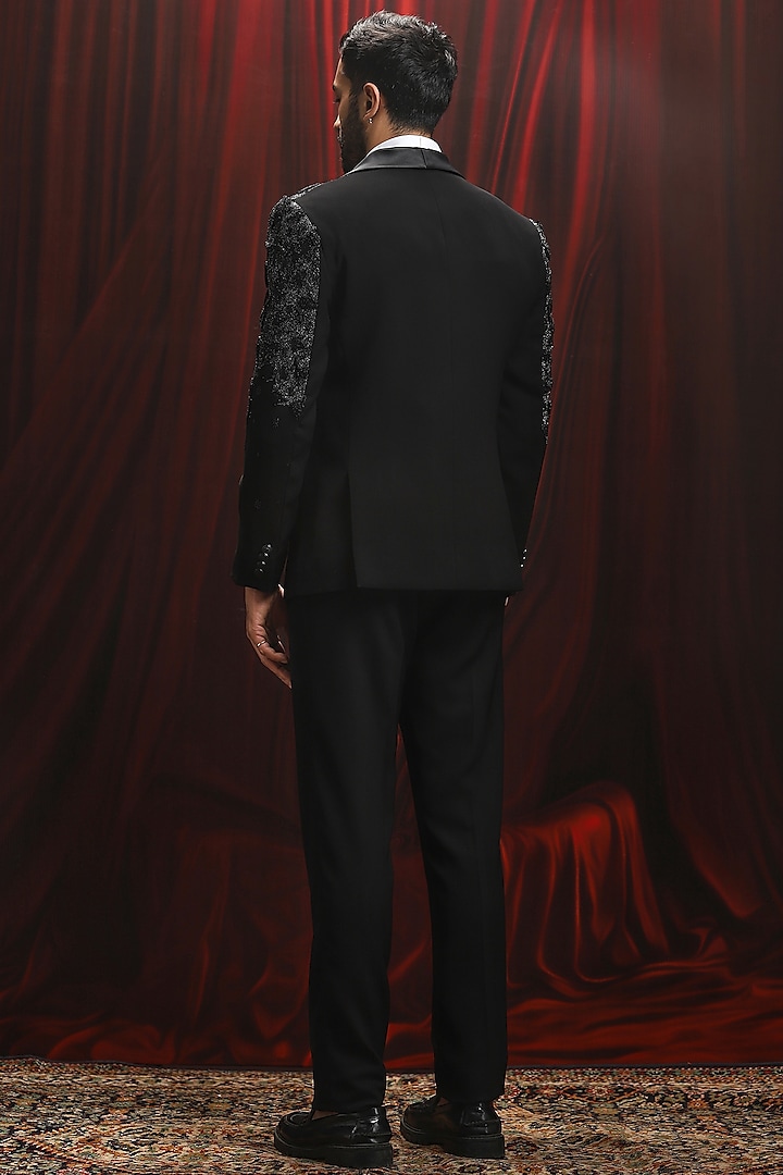 Black Velvet Zari Embroidered Tuxedo Set by ASUKA at Pernia's Pop Up Shop