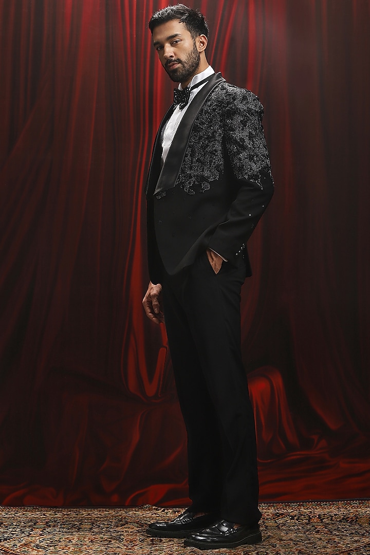 Black Velvet Zari Embroidered Tuxedo Set by ASUKA at Pernia's Pop Up Shop